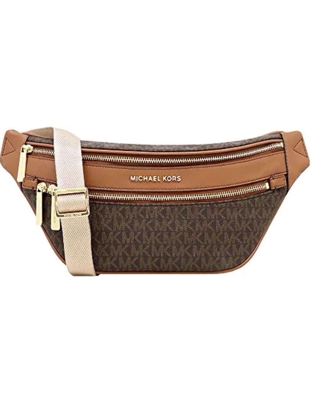 Michael Kors Brown Monogram Canvas and Tan Leather Crossbody Belt Bag